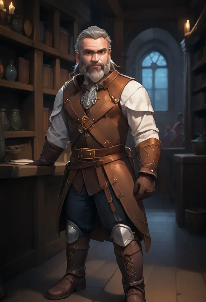 A highly detailed AI generated image using stable diffusion depicting a medieval warrior with grey hair and beard standing confidently in a dimly lit tavern.