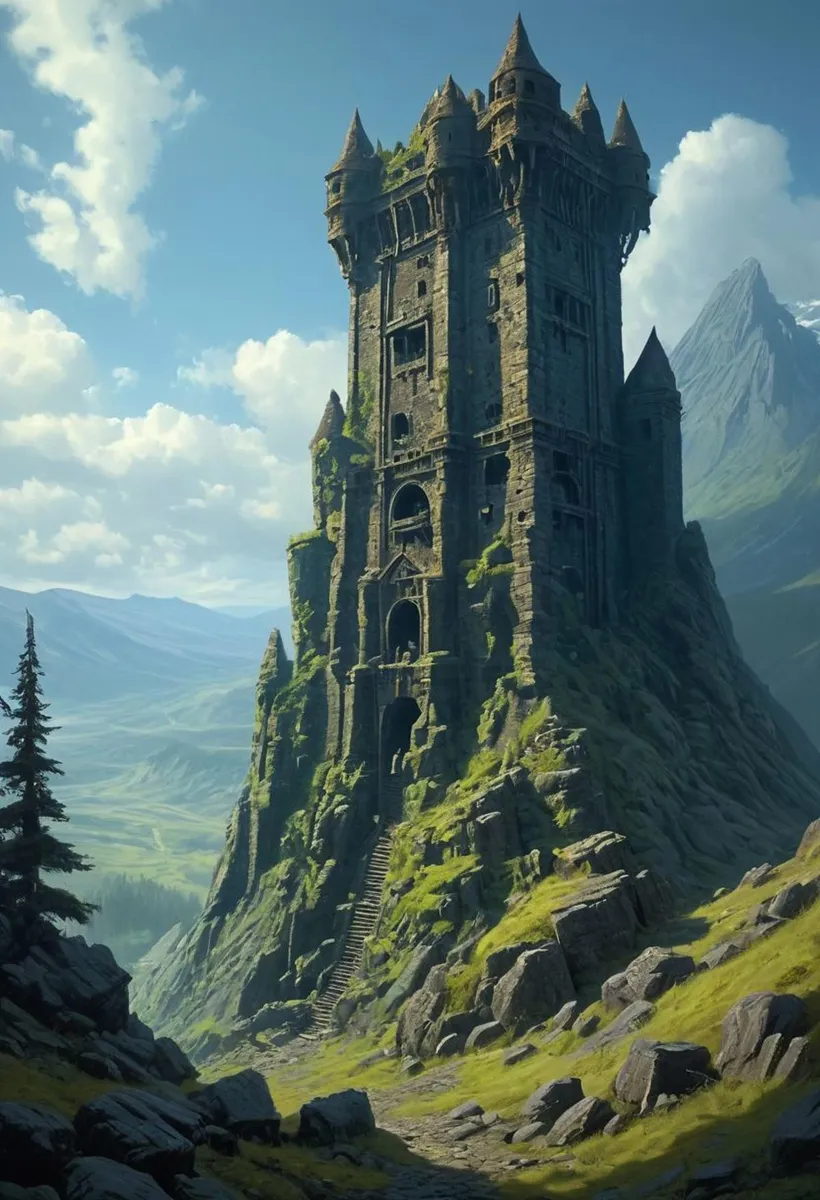 Medieval tower standing on a rocky hill, surrounded by lush greenery with a mountainous background under a bright blue sky. It is an AI generated image created using Stable Diffusion.