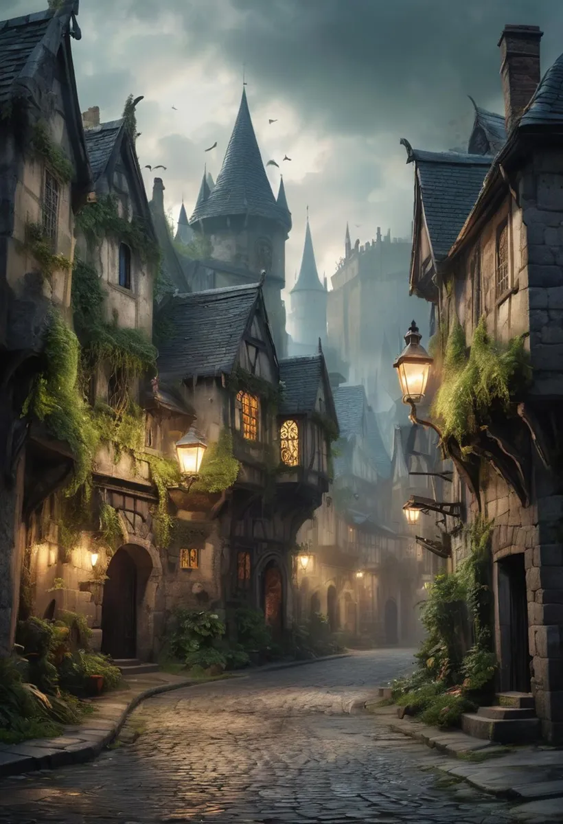 A medieval village with cobblestone streets and old stone buildings covered in ivy, lit by warm street lamps, created using Stable Diffusion.
