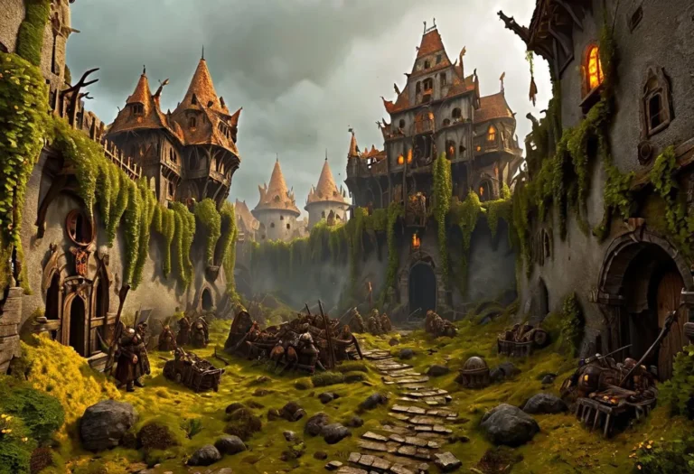 A medieval fantasy village featuring a castle with tall spired roofs, surrounded by stone walls covered in ivy and moss. AI generated image using Stable Diffusion.