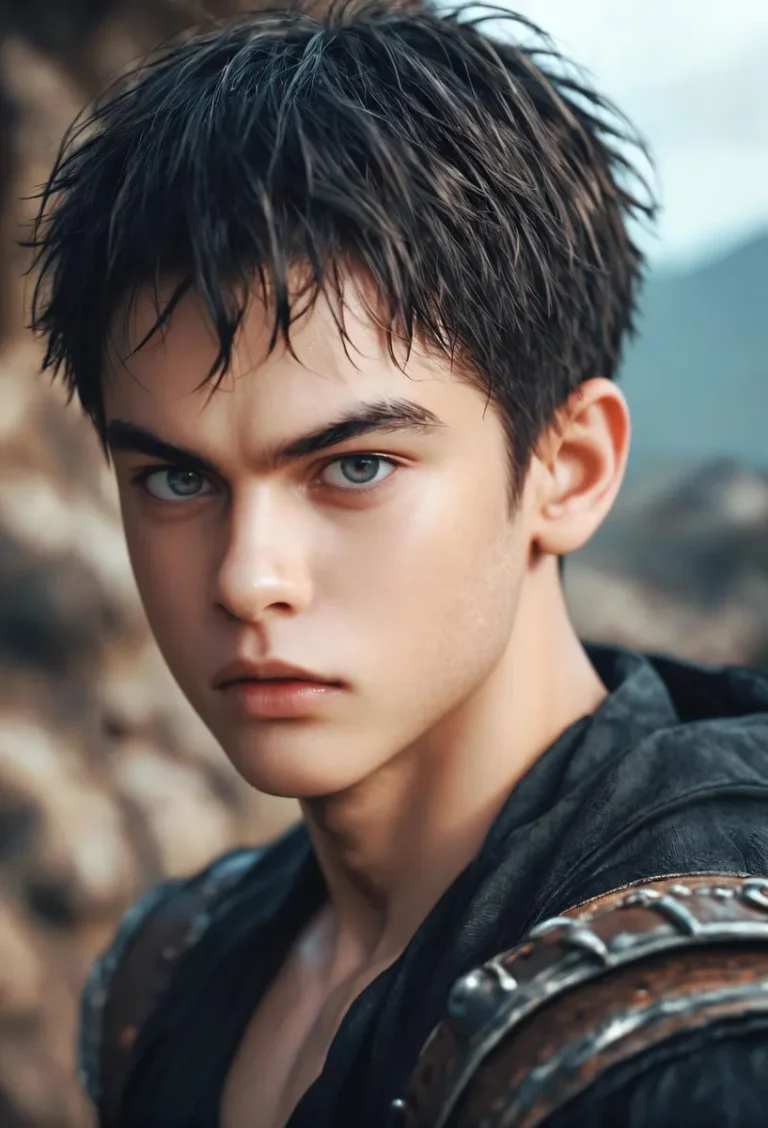 A realistic digital portrait of a young man with intense blue eyes and slightly messy dark hair wearing a rugged medieval warrior outfit with armor, generated using Stable Diffusion.