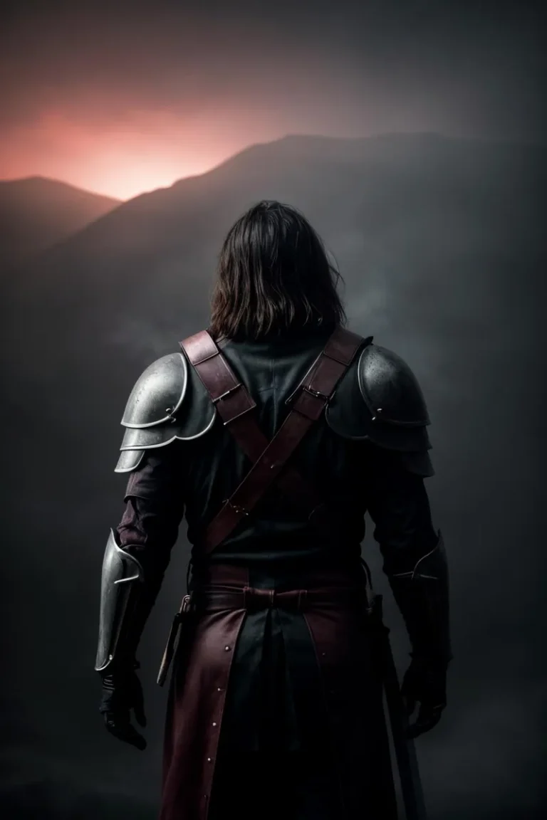 A back view of a medieval warrior in detailed armor with leather straps, standing against a dusky landscape with mountains and a glowing sunset using stable diffusion