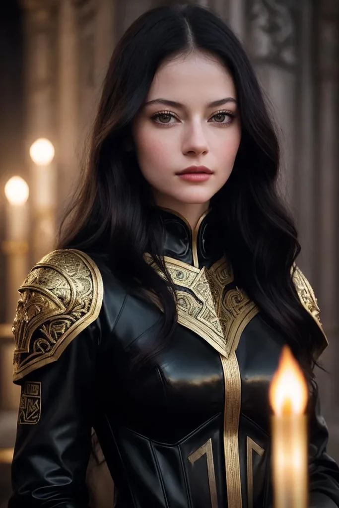 A medieval woman with long black hair wearing elaborate gold and black armor stands in a dimly lit, fantasy setting with candles. This is an AI generated image using stable diffusion.