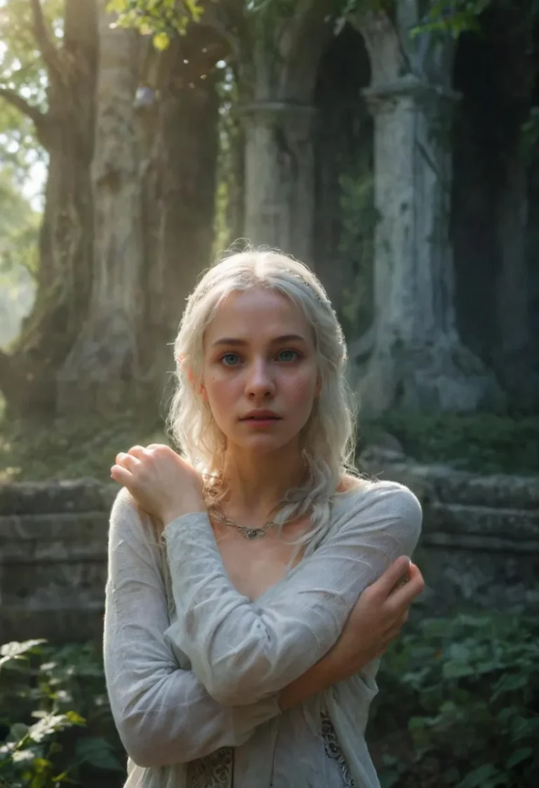 An AI-generated image using Stable Diffusion showcasing a beautiful maiden with long white hair standing in an enchanting forest with ancient stone ruins.