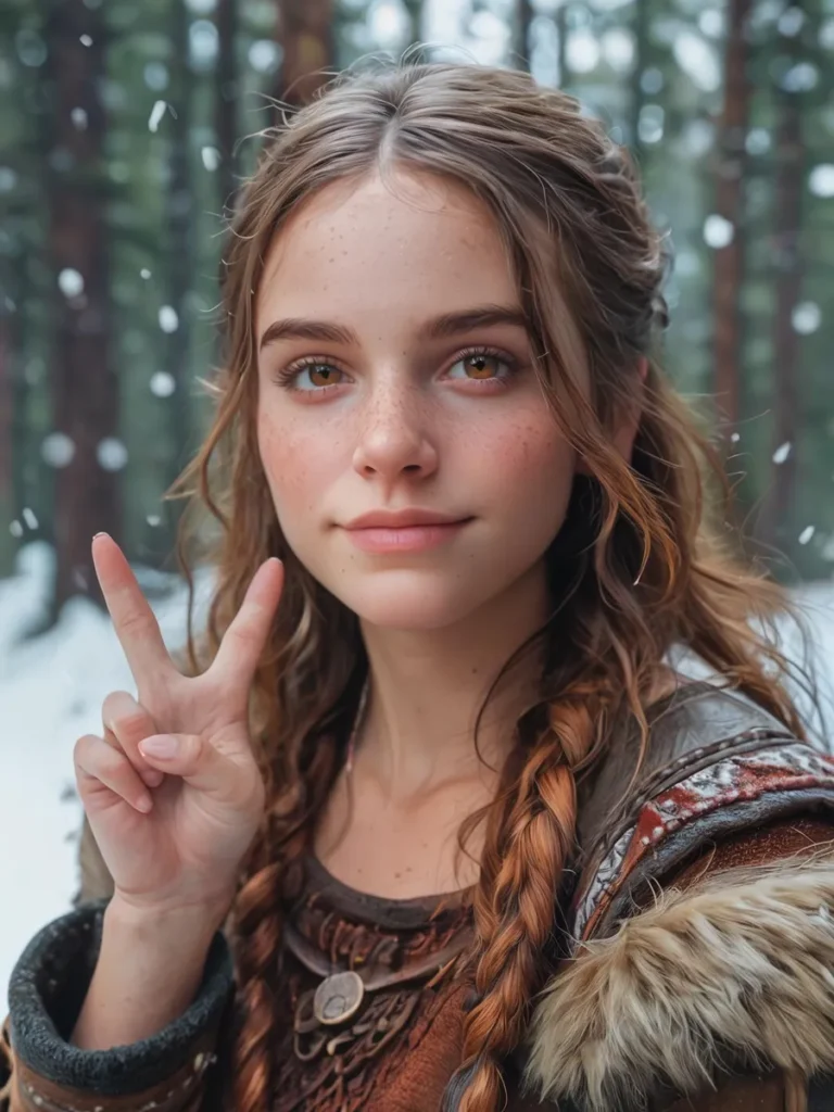 AI generated image using Stable Diffusion of a young woman with braided hair and medieval attire in a snowy forest, showing a peace sign.