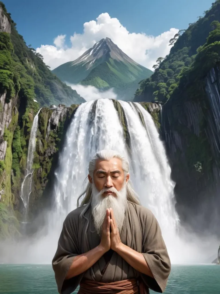 An AI generated image using stable diffusion of an elderly man with white hair and beard meditating in front of a large, serene waterfall with a towering mountain in the background.