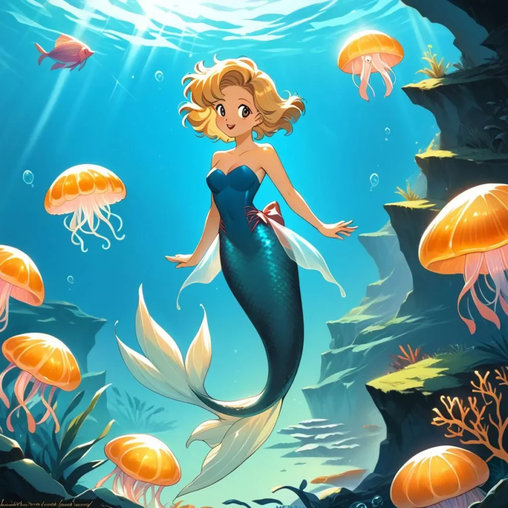 AI generated image using stable diffusion of a mermaid with flowing hair and a blue tail surrounded by jellyfish in an underwater fantasy scene.