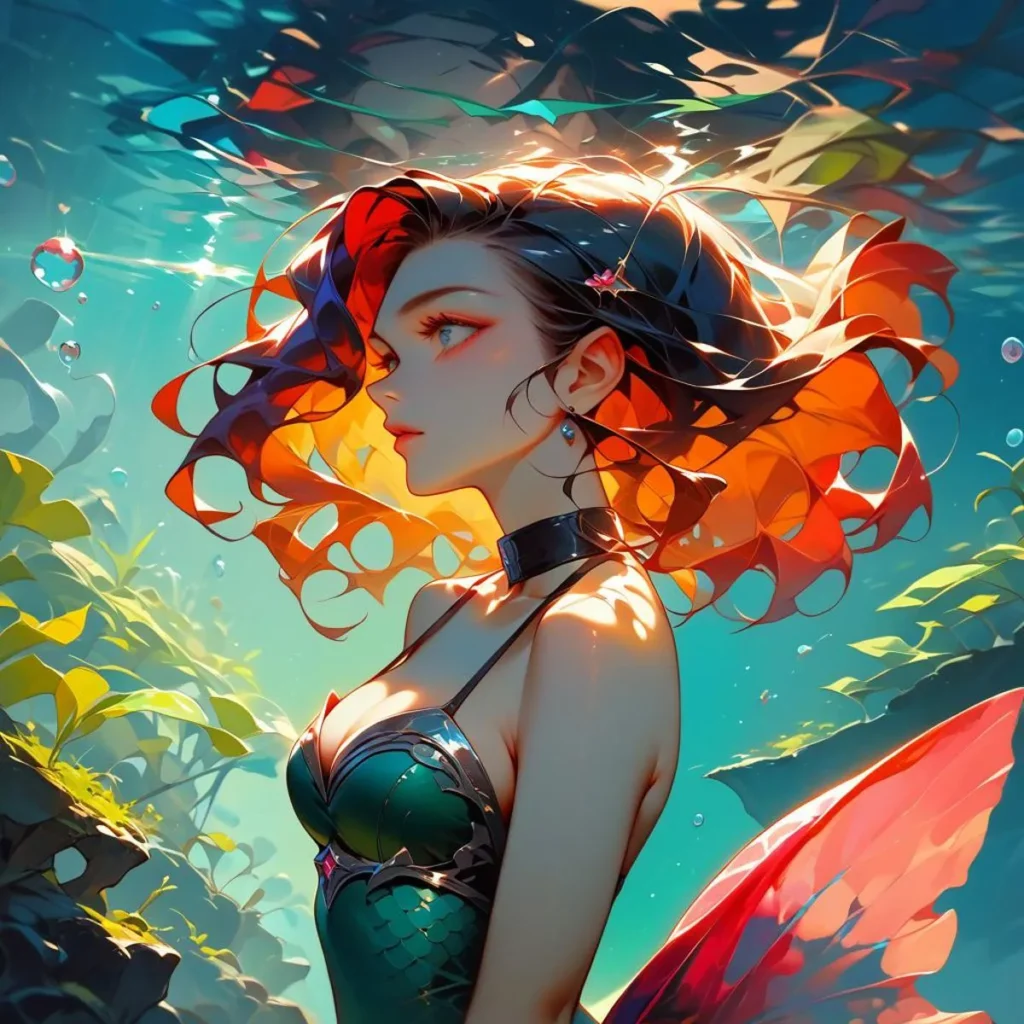 AI generated image of a mermaid with flowing hair and vibrant colors in an underwater scene using stable diffusion.