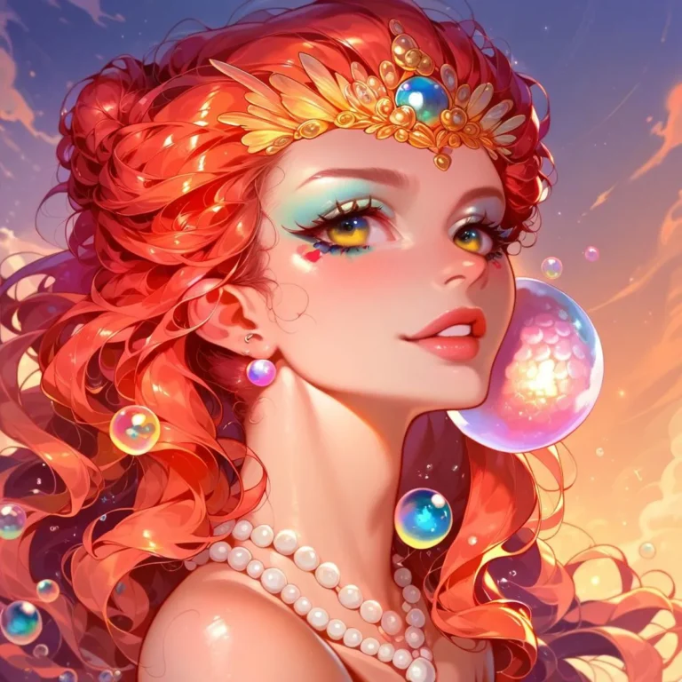 A detailed mermaid fantasy portrait with intricate jewelry, focusing on vibrant curls, pearl necklace, and vivid bubbles, generated with AI using stable diffusion.