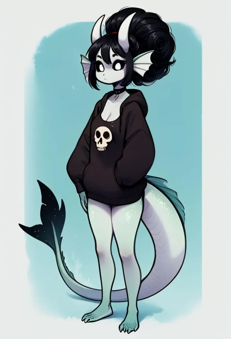 Anime style image of a mermaid girl with fish-like features wearing a black hoodie with a skull design generated using Stable Diffusion.