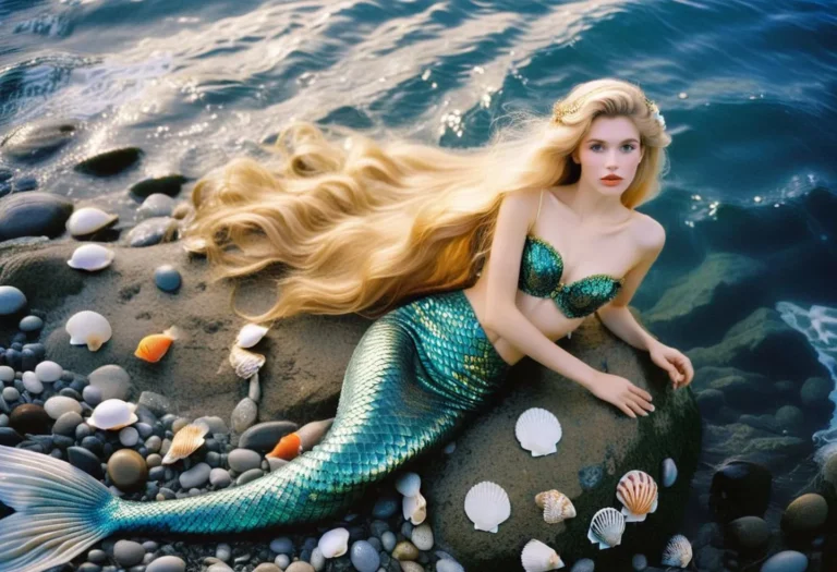 A mesmerizing AI generated image using Stable Diffusion showcasing a mermaid with long flowing blonde hair lounging on a rocky shore with various sea shells scattered around.