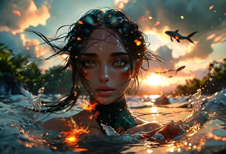 A stunning AI-generated image of a beautiful mermaid with flowing hair and captivating eyes, emerging from the water at sunset, created using Stable Diffusion.