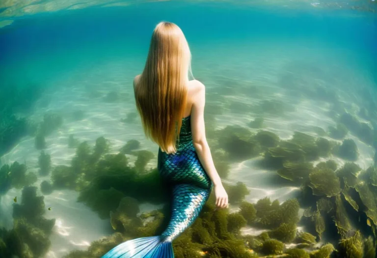 AI-generated image of a mermaid with long hair under the sea.