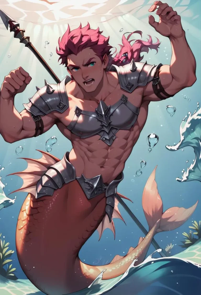 Digital illustration of a merman warrior with pink hair, wearing silver armor, and holding a spear. This is an AI generated image using Stable Diffusion.