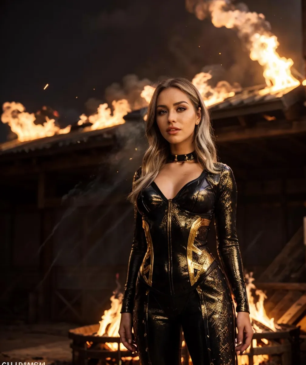 AI generated image of a woman in a black and gold metallic costume with a choker standing in front of a fire background using stable diffusion.