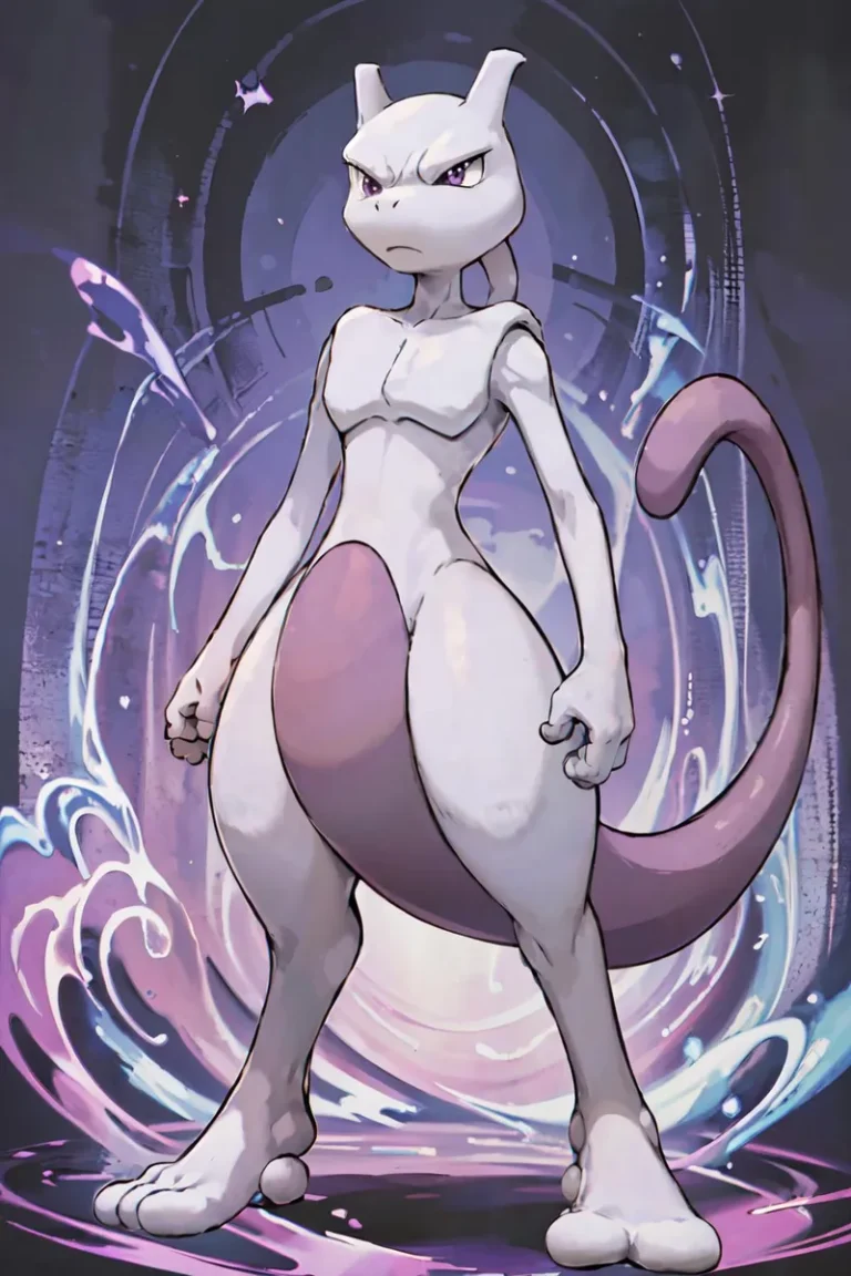 Mewtwo in a battle stance with a cosmic background. AI-generated image using Stable Diffusion.
