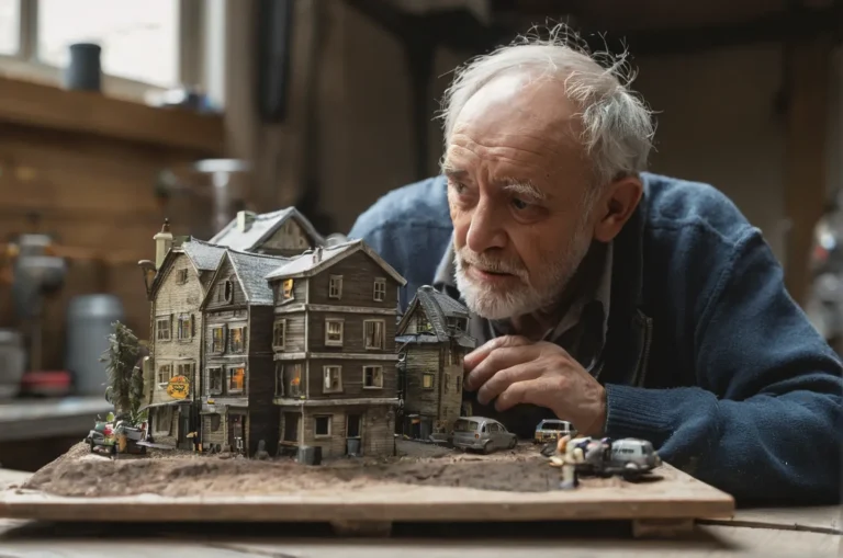 A realistic diorama of a miniature two-story house with a bearded man observing it closely, created using AI and Stable Diffusion.