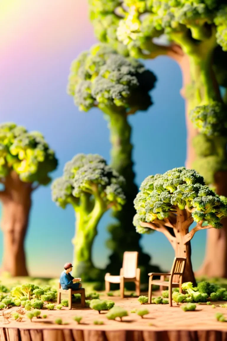AI-generated image of a miniature man sitting in a chair within a forest made of broccoli trees, created using Stable Diffusion.