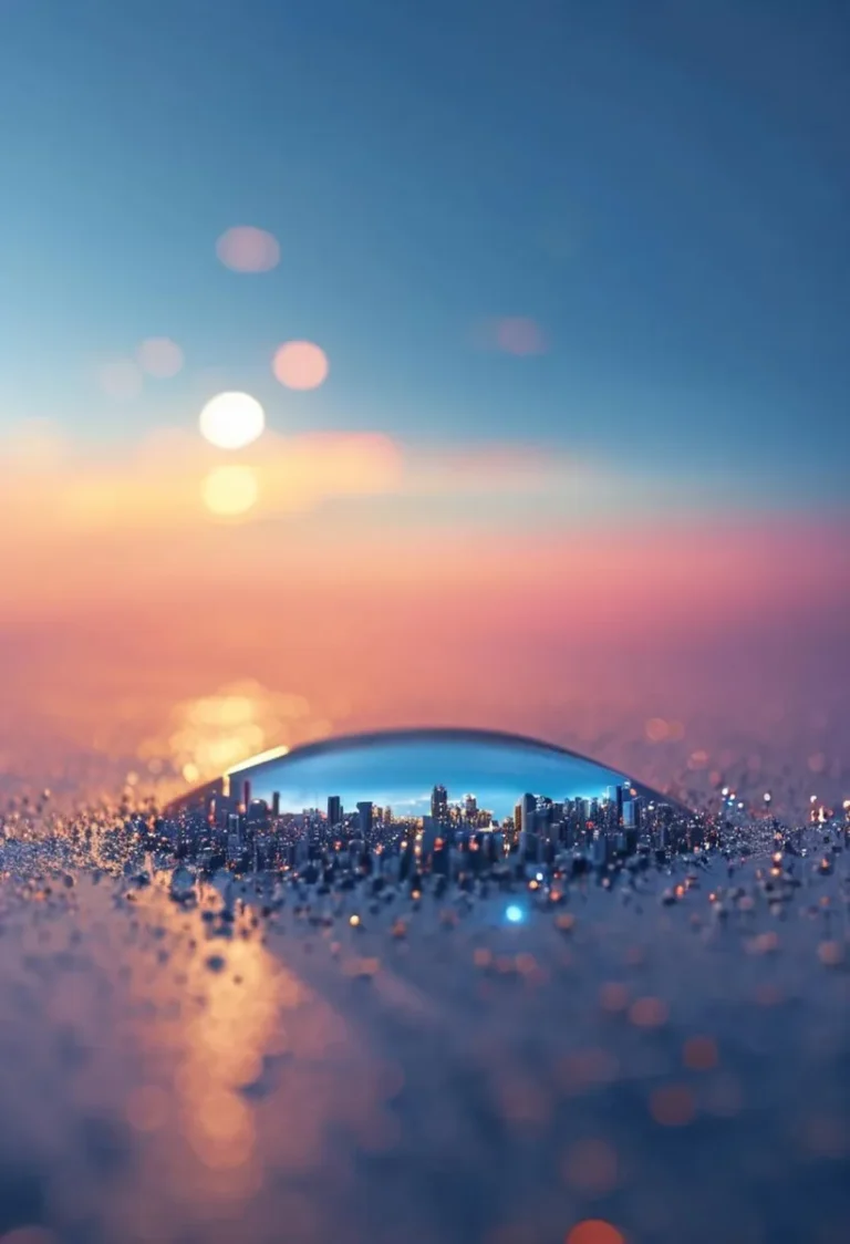 A miniature city inside a water droplet reflecting a glowing sunset in an AI-generated image created using Stable Diffusion.