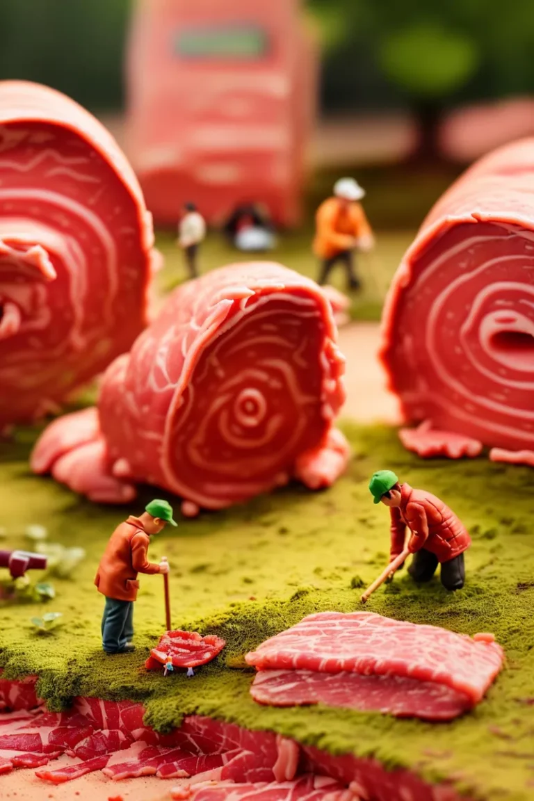 Miniature worker figures working in a surreal landscape made of meat. This is an AI generated image using Stable Diffusion.