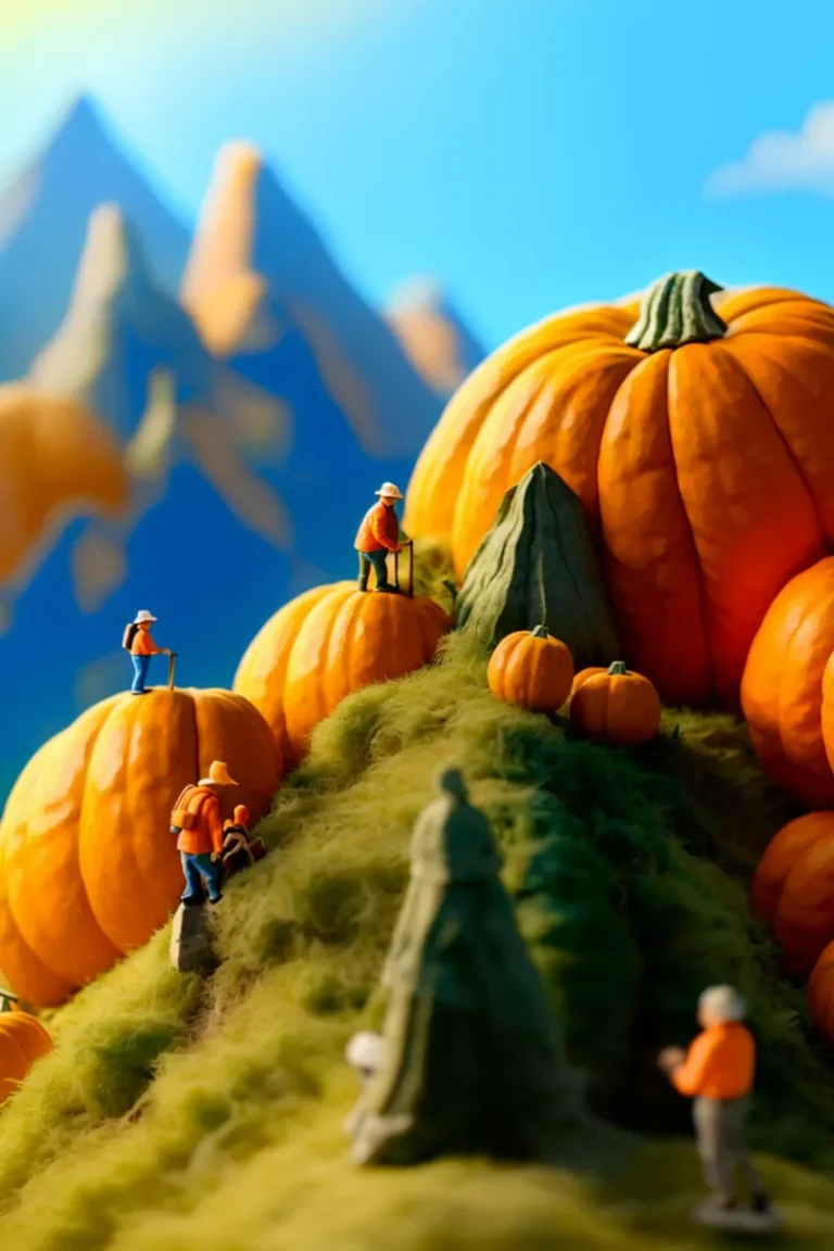Miniature workers climbing and exploring a mountain made of giant pumpkins. AI generated image using Stable Diffusion.
