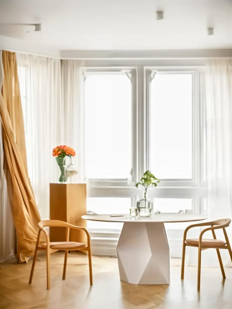 A minimalist dining area with two wooden chairs and a geometrically designed white table centered in front of large windows with sheer curtains. A glass vase with green stems and an orange flower bouquet on a wooden stand accentuate the modern decor. AI generated image using Stable Diffusion.