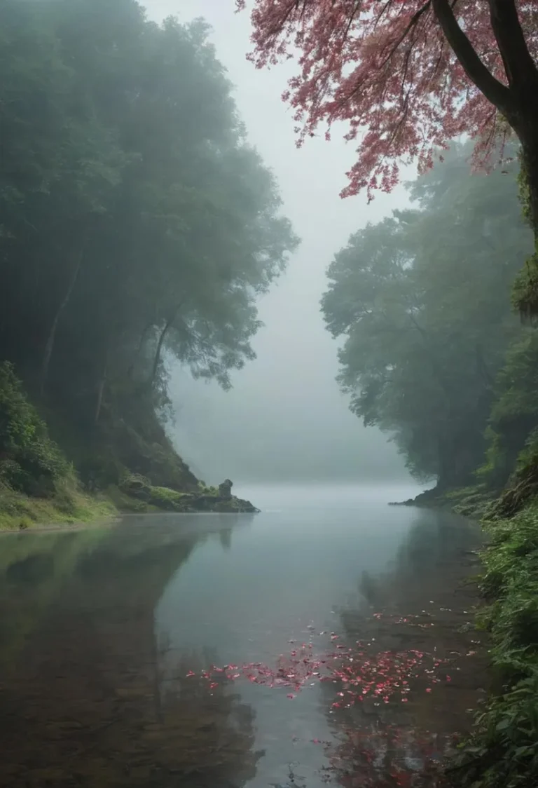 Misty landscape with a tranquil lake surrounded by dense forest. This is an AI generated image using Stable Diffusion.