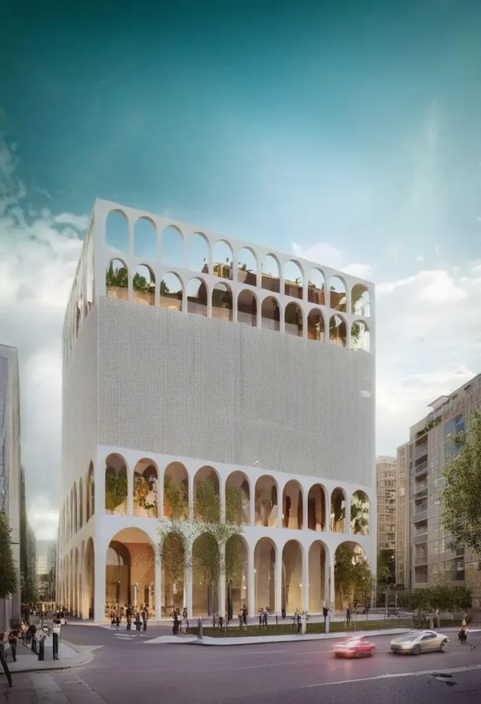 A modern building with multiple levels featuring an arched design, generated using stable diffusion.