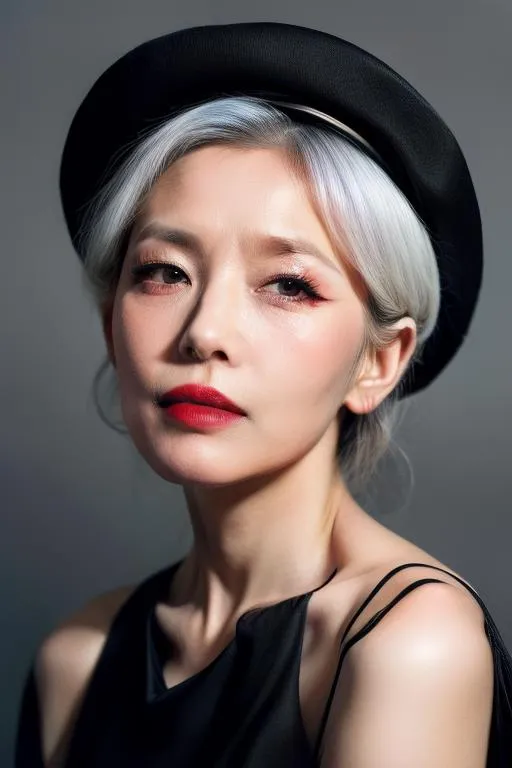 AI generated image using Stable Diffusion of a stylish woman with platinum hair wearing a black beret and black sleeveless dress, exuding glamour.