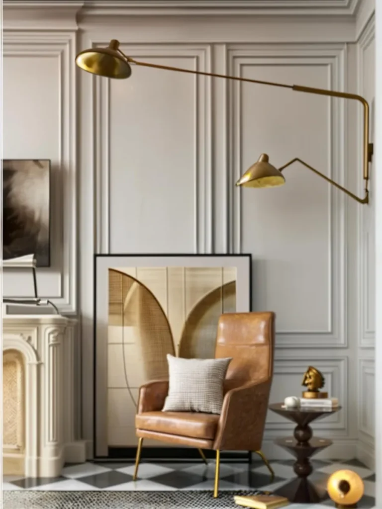 Modern interior design with a mid-century touch, including a leather chair, abstract artwork, and a golden wall lamp. AI generated image using stable diffusion.