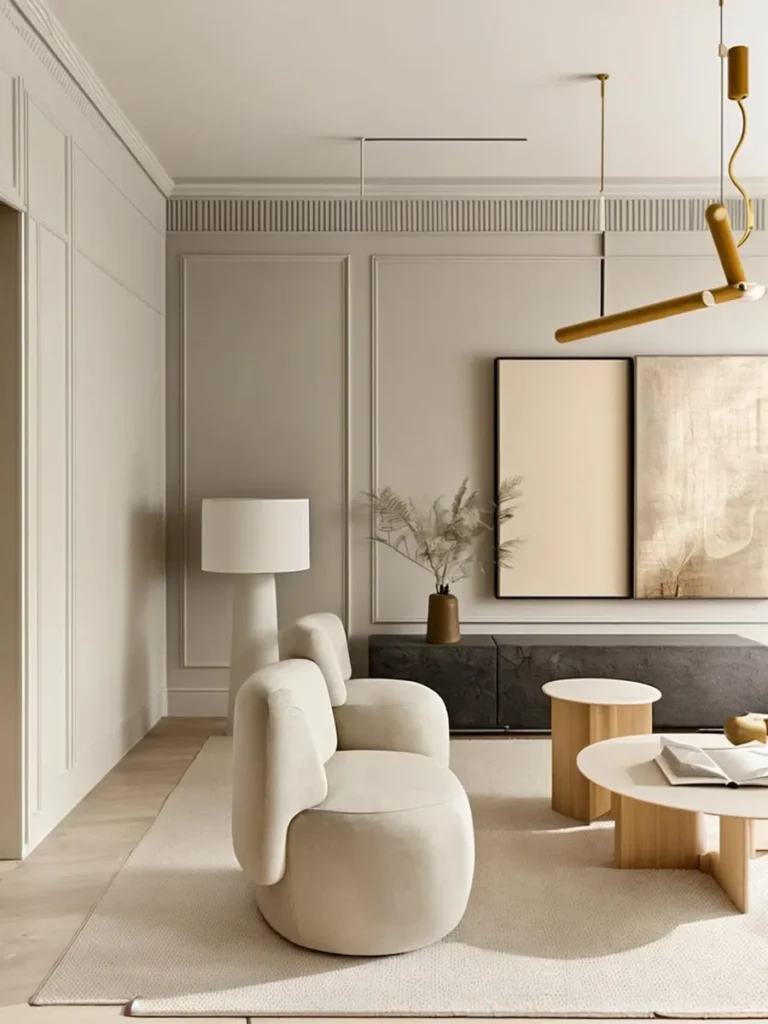 A modern minimalist living room with neutral color decor, featuring a beige armchair, a white lamp, wall art, and contemporary furniture. AI generated image using Stable Diffusion.