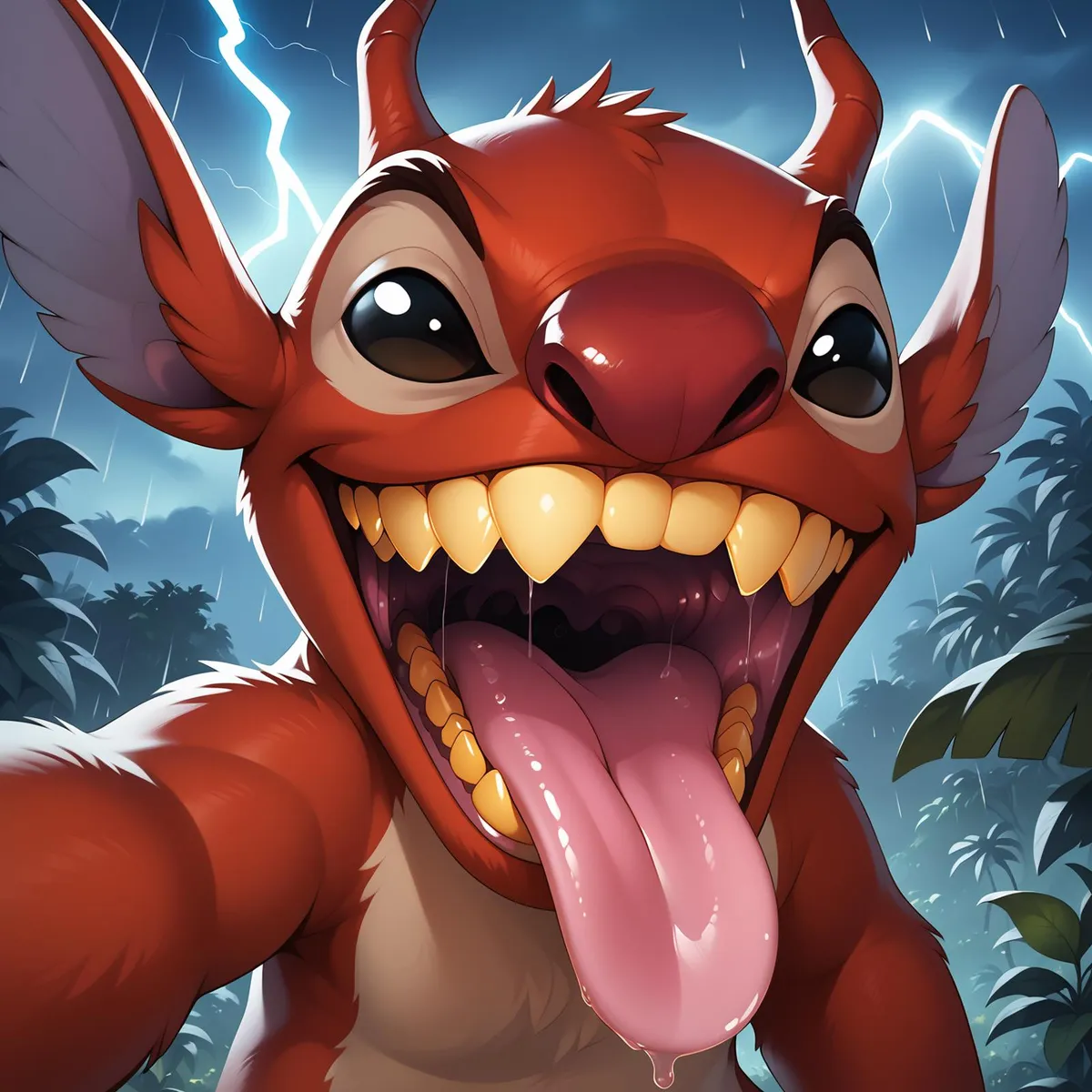 Cartoon monster with horns and large teeth taking a selfie, with lightning in the background. AI generated image using Stable Diffusion.