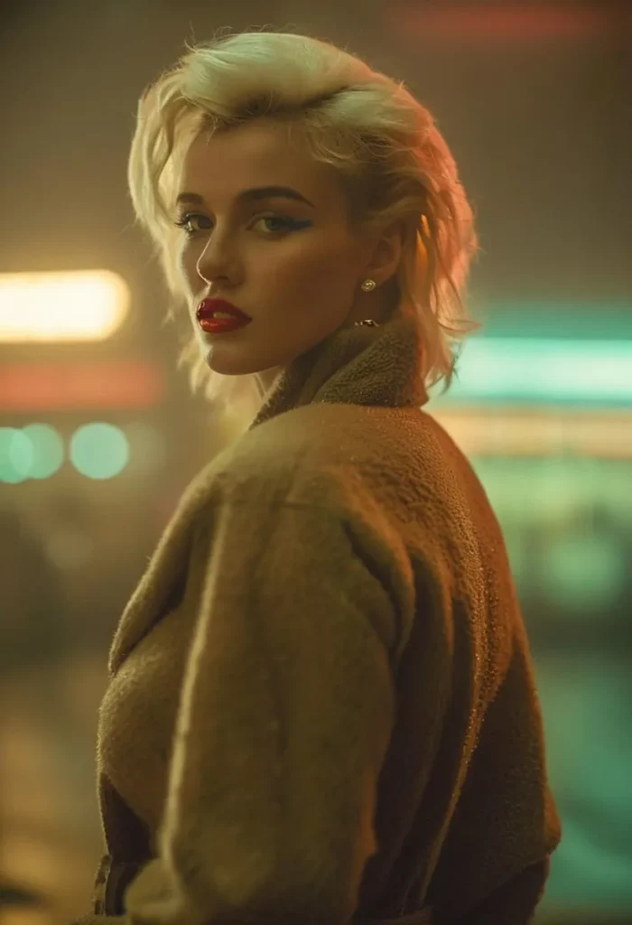 A striking portrait of a blonde woman with red lips and heavy makeup, wearing a warm coat, with a blurred background in a moody setting. AI generated image using Stable Diffusion.