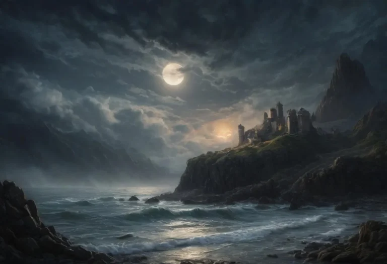 Fantasy landscape of a moonlit castle atop coastal cliffs with turbulent sea under a cloudy night sky, AI generated image using Stable Diffusion.