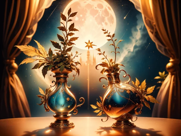 Two ornate vases with plants, set against a moonlit sky with curtains, created using Stable Diffusion.