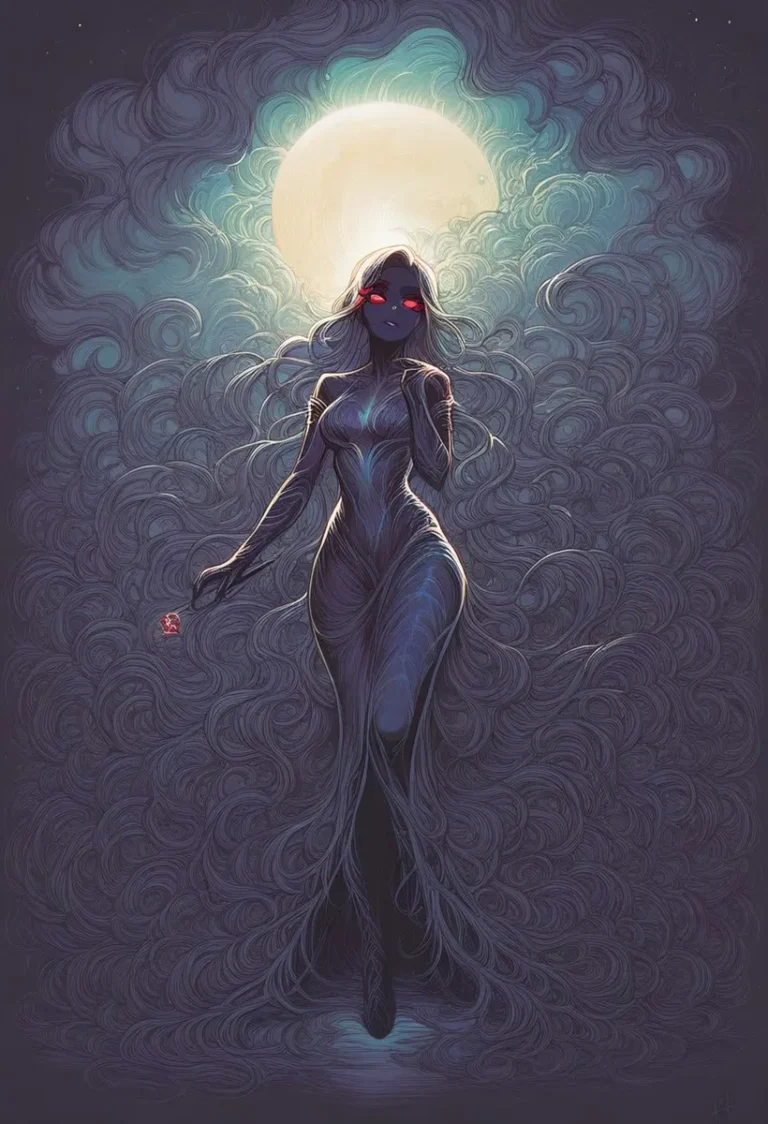 An ethereal figure of a woman with red eyes, illuminated by a full moon, surrounded by dark, swirling mist. AI generated image using Stable Diffusion.