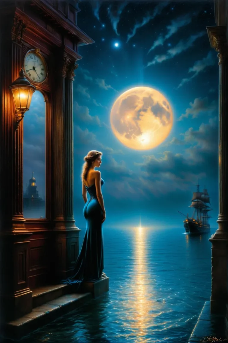 AI generated image using Stable Diffusion, featuring a woman in a blue dress standing by the sea under a moonlit night sky with a large full moon and sailing ships in the background.