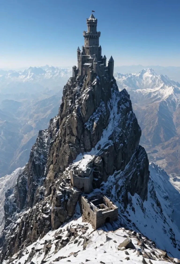 Medieval fortress built on a rocky mountain peak, surrounded by snow-covered peaks and clear blue sky. AI generated image using Stable Diffusion.