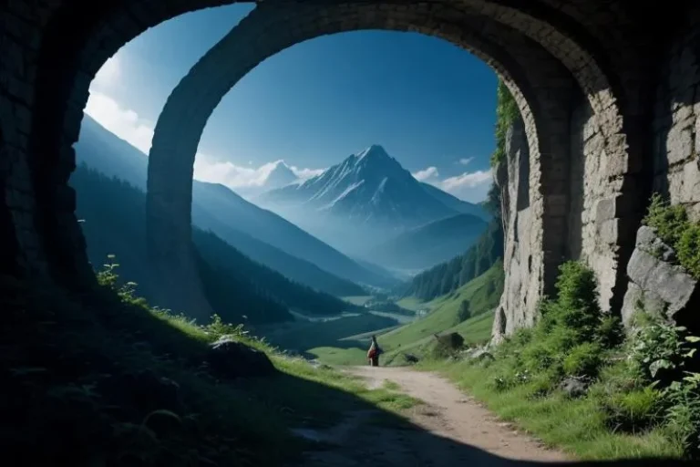 Scenic mountain landscape viewed through a stone archway. This image is AI-generated using Stable Diffusion.