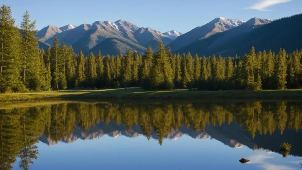 A beautiful mountain landscape featuring snow-capped peaks and a dense forest reflecting perfectly in a calm lake, generated by ai using stable diffusion.