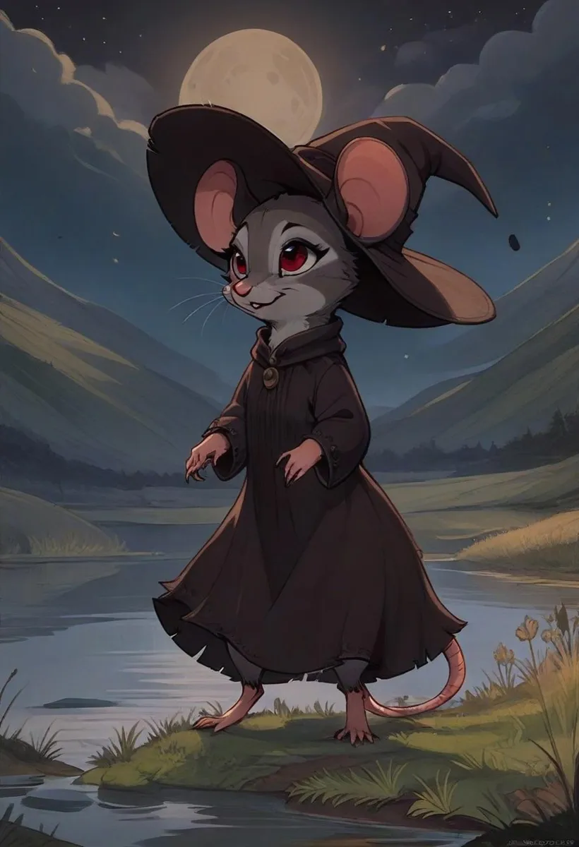 A cartoonish mouse dressed in a wizard's robe and hat stands by a lake in a magical countryside, under a prominent moonlit sky, created using Stable Diffusion.