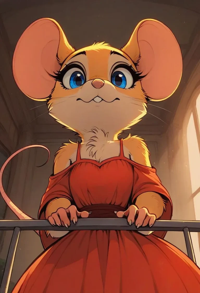 Anthropomorphic mouse with large blue eyes, wearing a red dress, created using AI with Stable Diffusion.