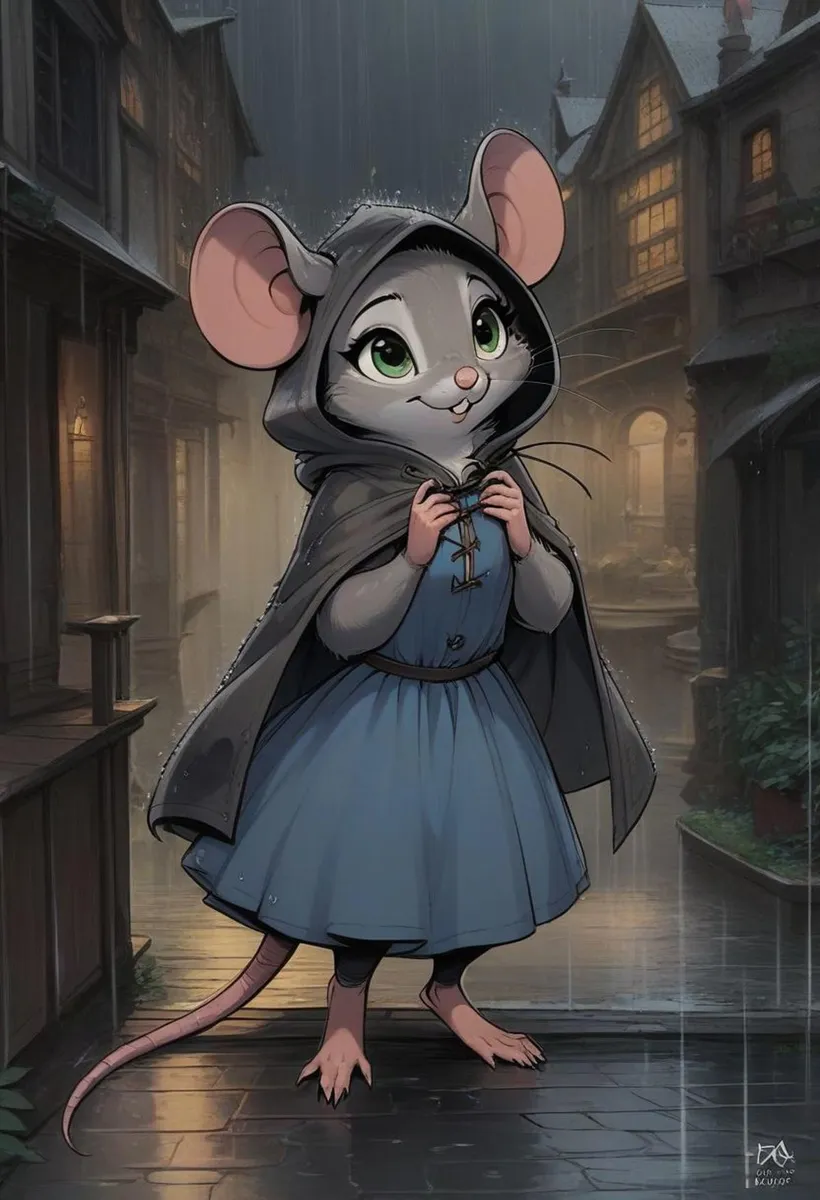 An anthropomorphic mouse dressed in a blue dress and hooded cloak set in a medieval town. This is an AI generated image using Stable Diffusion.