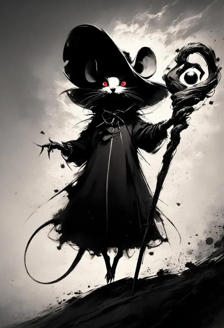 A dark, fantasy illustration of a mouse dressed as a sorcerer, holding a magic staff, AI generated image using Stable Diffusion.
