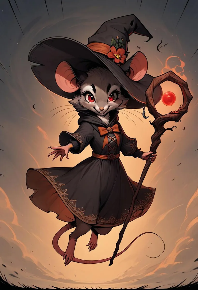 A cute mouse dressed as a witch holding a magic staff, generated by AI using Stable Diffusion.