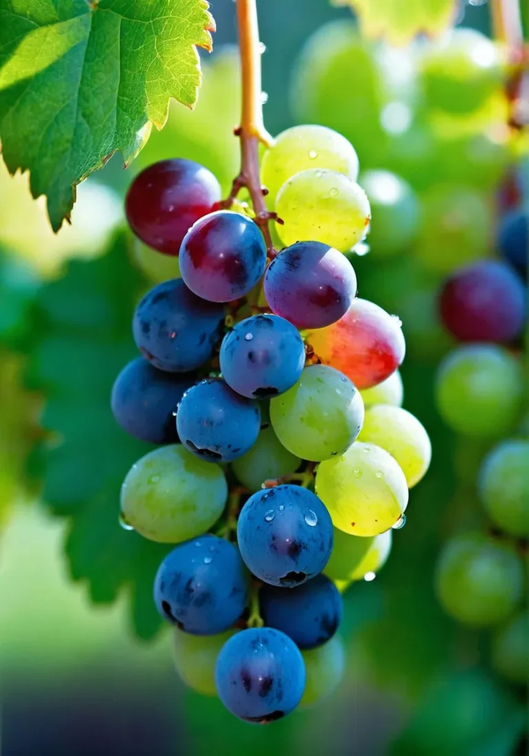 Cluster of multicolored grapes hanging on a vine with dew drops. AI generated image using Stable Diffusion.
