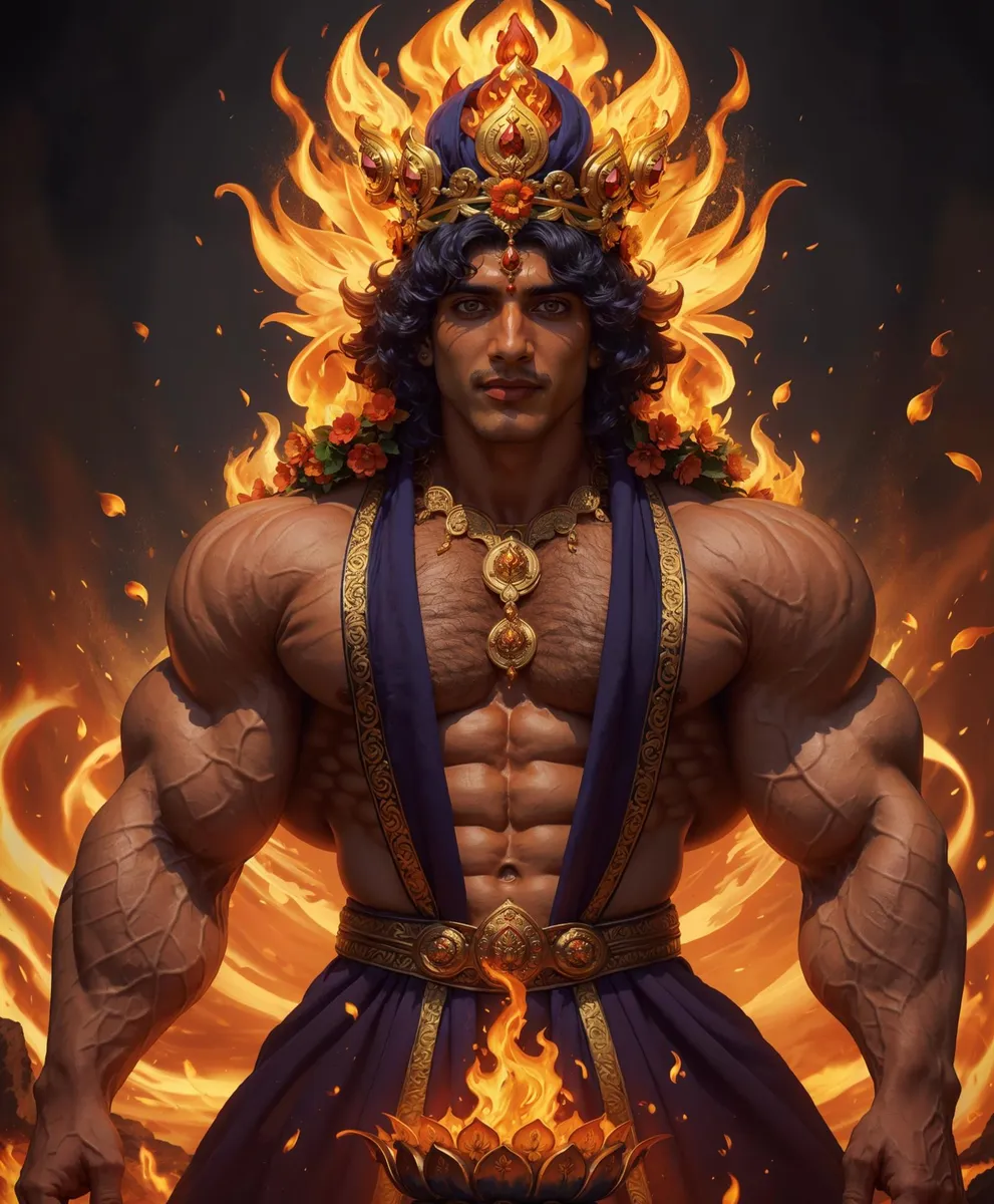 A muscular deity with a crown of fire, created using AI and Stable Diffusion.