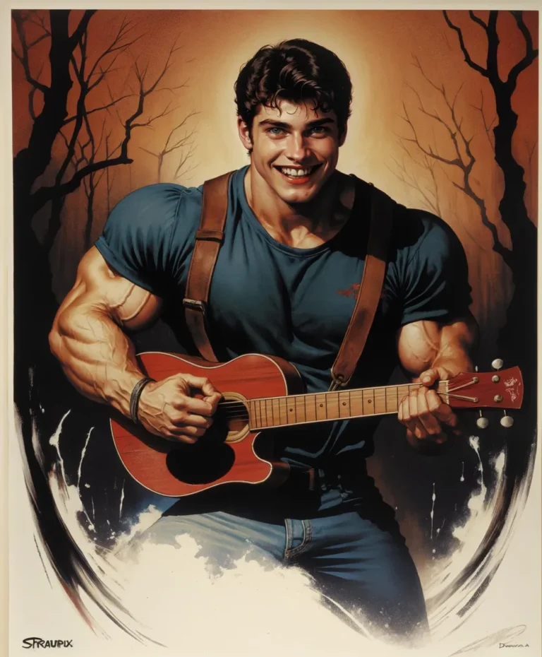 A muscular man with a wide smile wearing a blue shirt and suspenders, playing an acoustic guitar. This is an AI generated image using Stable Diffusion.