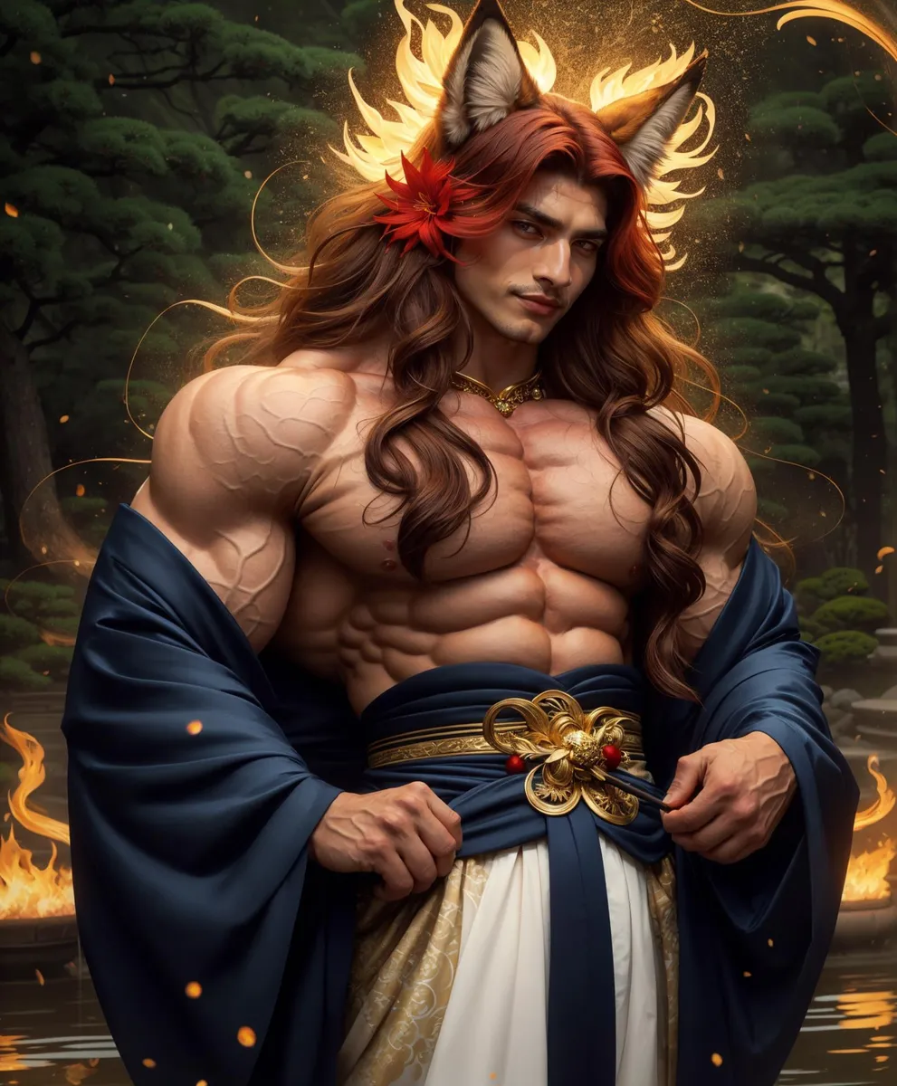 A fantasy anime male character with fox ears and a muscular physique, wearing traditional Japanese robes, created using Stable Diffusion.