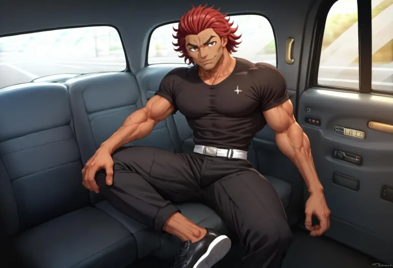 A muscular man with red hair sits confidently in the backseat of a car. This is an AI generated image using Stable Diffusion.